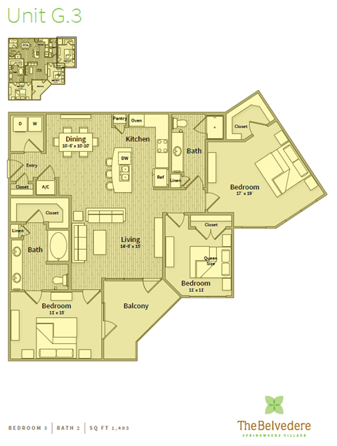 Floor plan for 3 beds, 2 baths, 1493 sqft